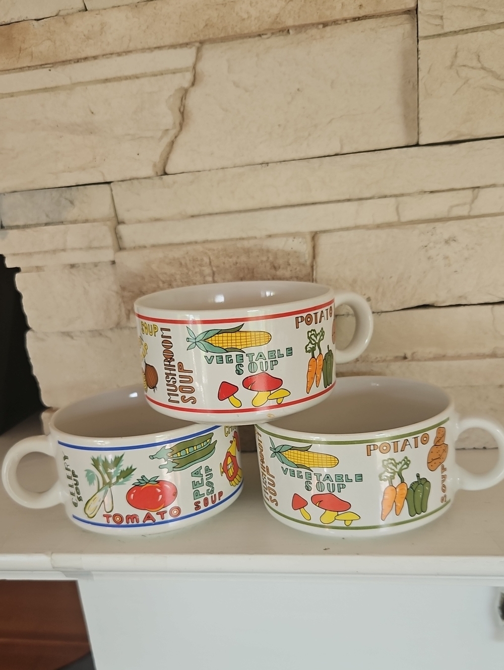 Vintage 1970's Ceramic Soup Cups with Handles, Multicolored Painted, set of 3.